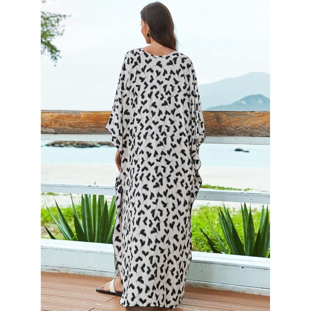 Women White Base With Hearts V-neck Sleeve Flowy Split Hem Bohemian Kaftan Dress - Picture 3 of 6